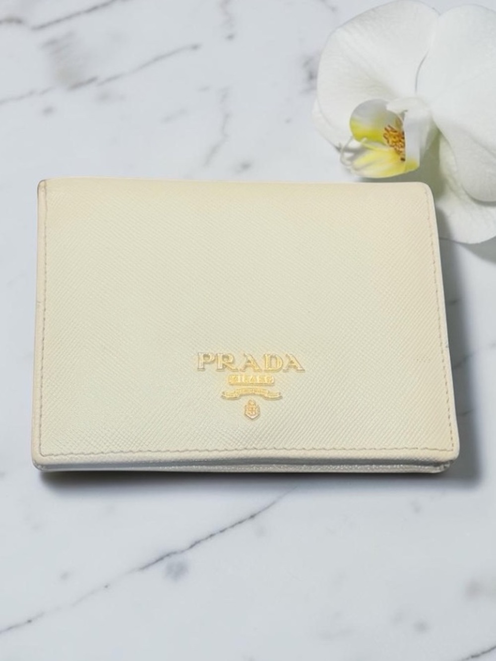 Authentic Prada Cream Saffiano Card Wallet with Gold Logo